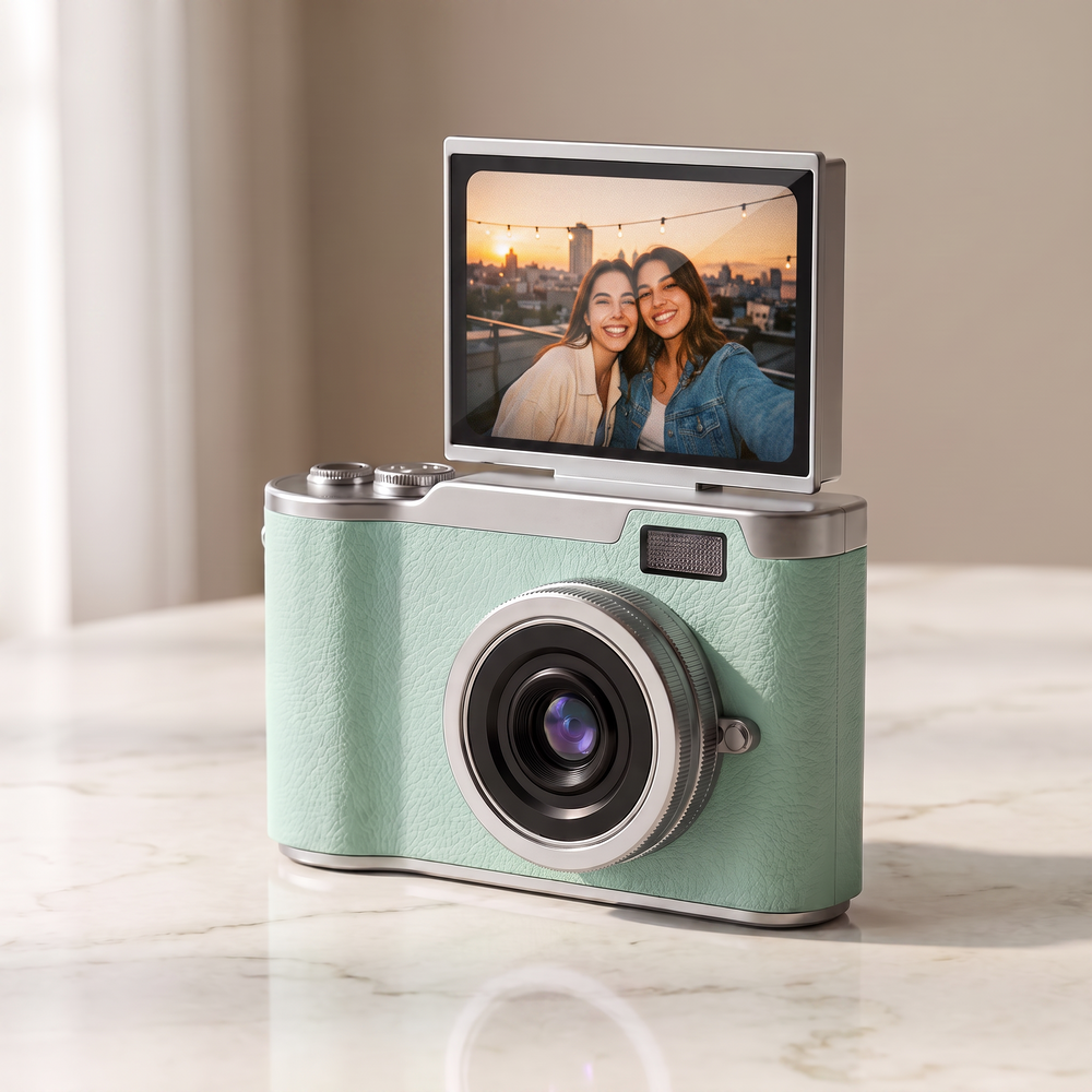 Green retro digital camera with the flip-up screen raised into selfie position on cream marble