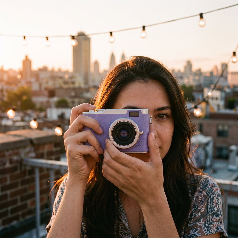 Purple retro digital camera held up to take a photo on a city rooftop at golden hour