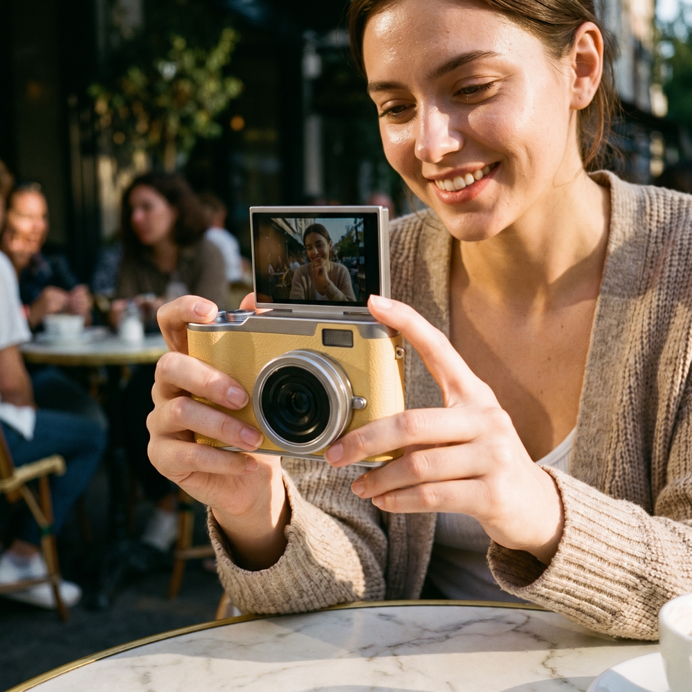 Yellow retro digital camera held in both hands at an outdoor cafe table, the raised screen showing the photo