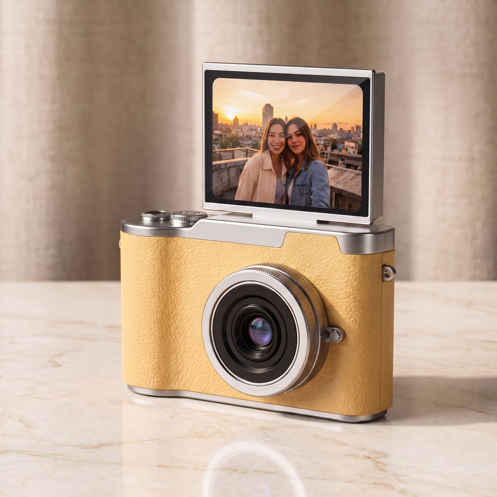 Yellow retro digital camera with the flip-up screen raised into selfie position on cream marble