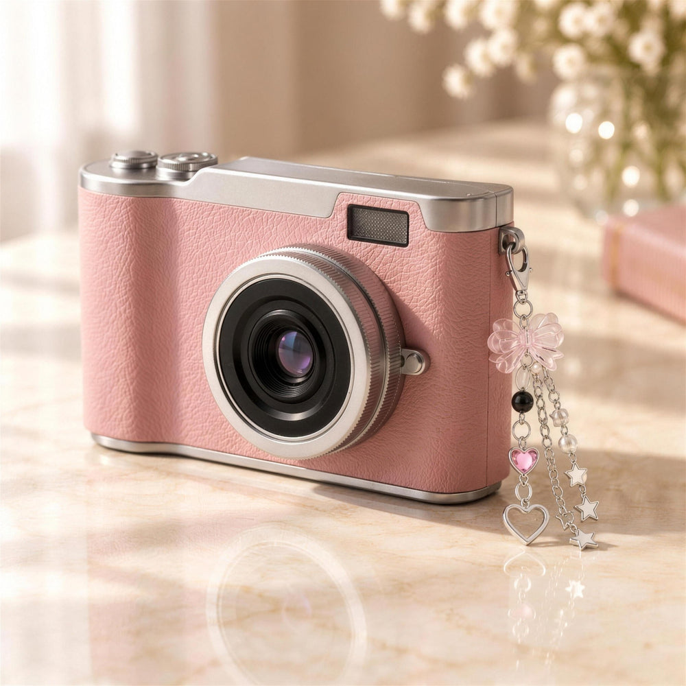 Bow & Star charm clipped to the pink Pixie camera