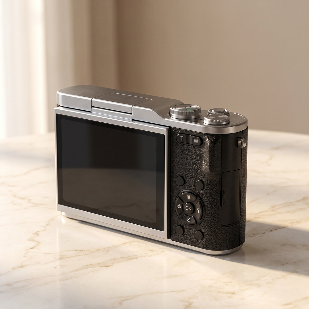 Black retro digital camera seen from behind, showing the flip-up screen, zoom buttons and control pad