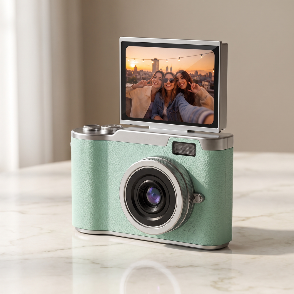 Green retro digital camera with a flip-up screen, three-quarter front view on cream marble