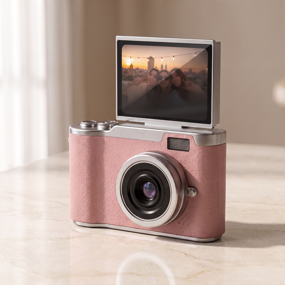 Pink retro digital camera with the screen flipped up into selfie position, showing a rooftop photo on the display