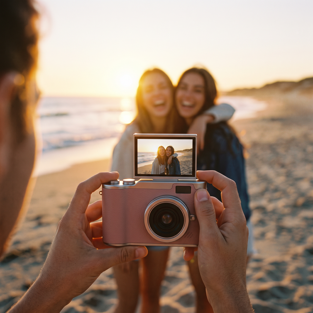 Pink retro digital camera held in both hands on a beach at sunset while two friends laugh and pose, the flip screen showing the shot