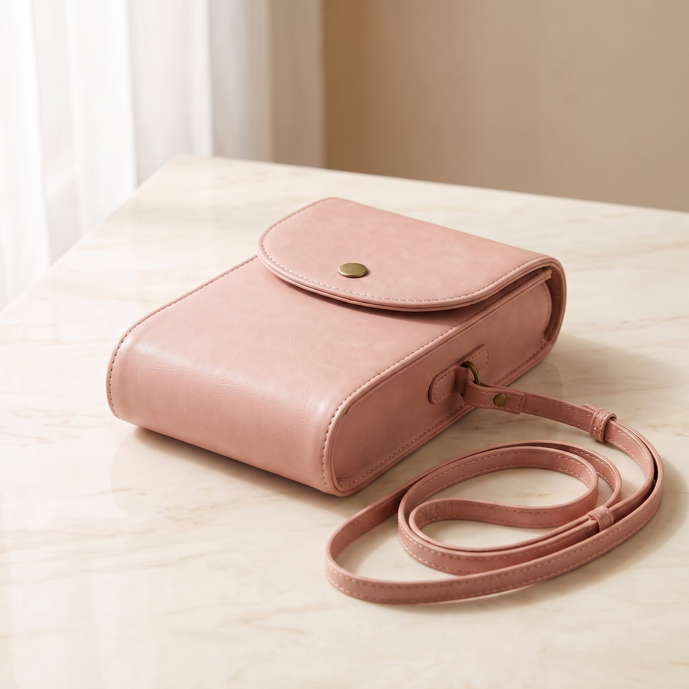 Blush Pink leather camera pouch with its shoulder strap coiled beside it on cream marble