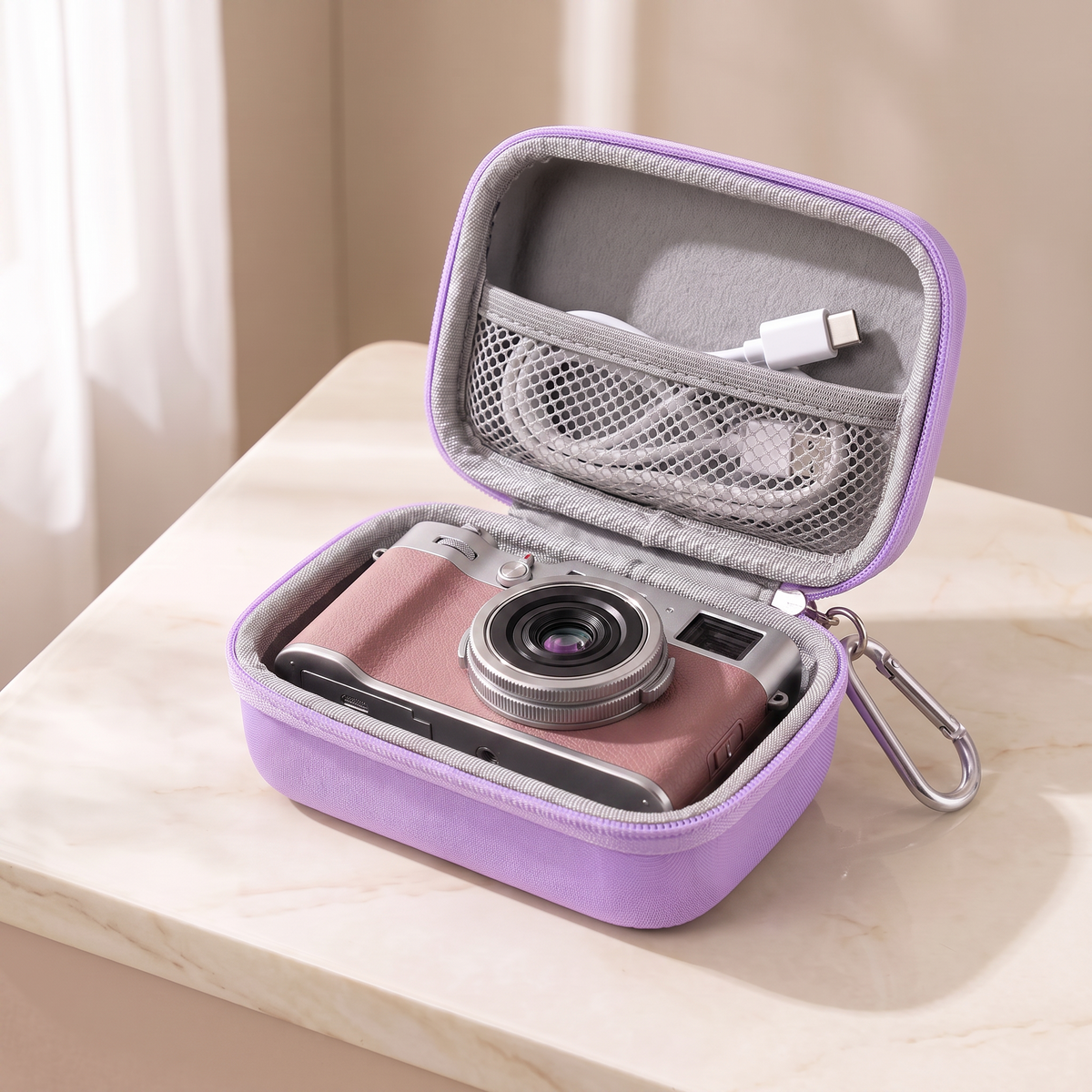 Purple hard shell camera case open on cream marble with a retro digital camera fitted inside and a cable in the mesh pocket
