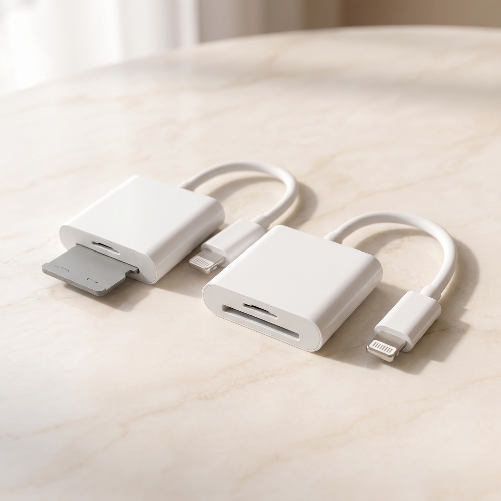 Two Lightning memory card readers side by side on cream marble, showing the two-pack