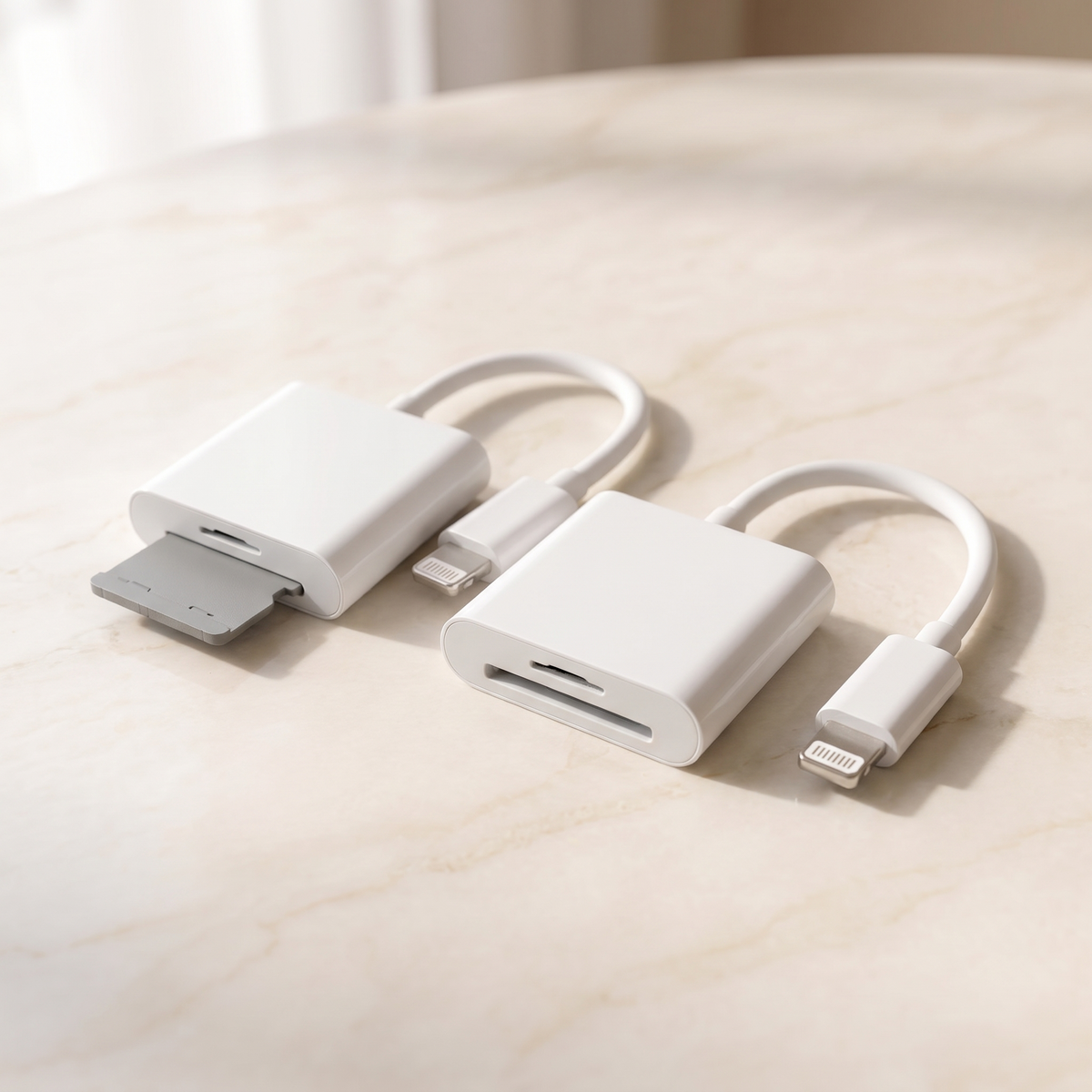 Two Lightning memory card readers side by side on cream marble, showing the two-pack