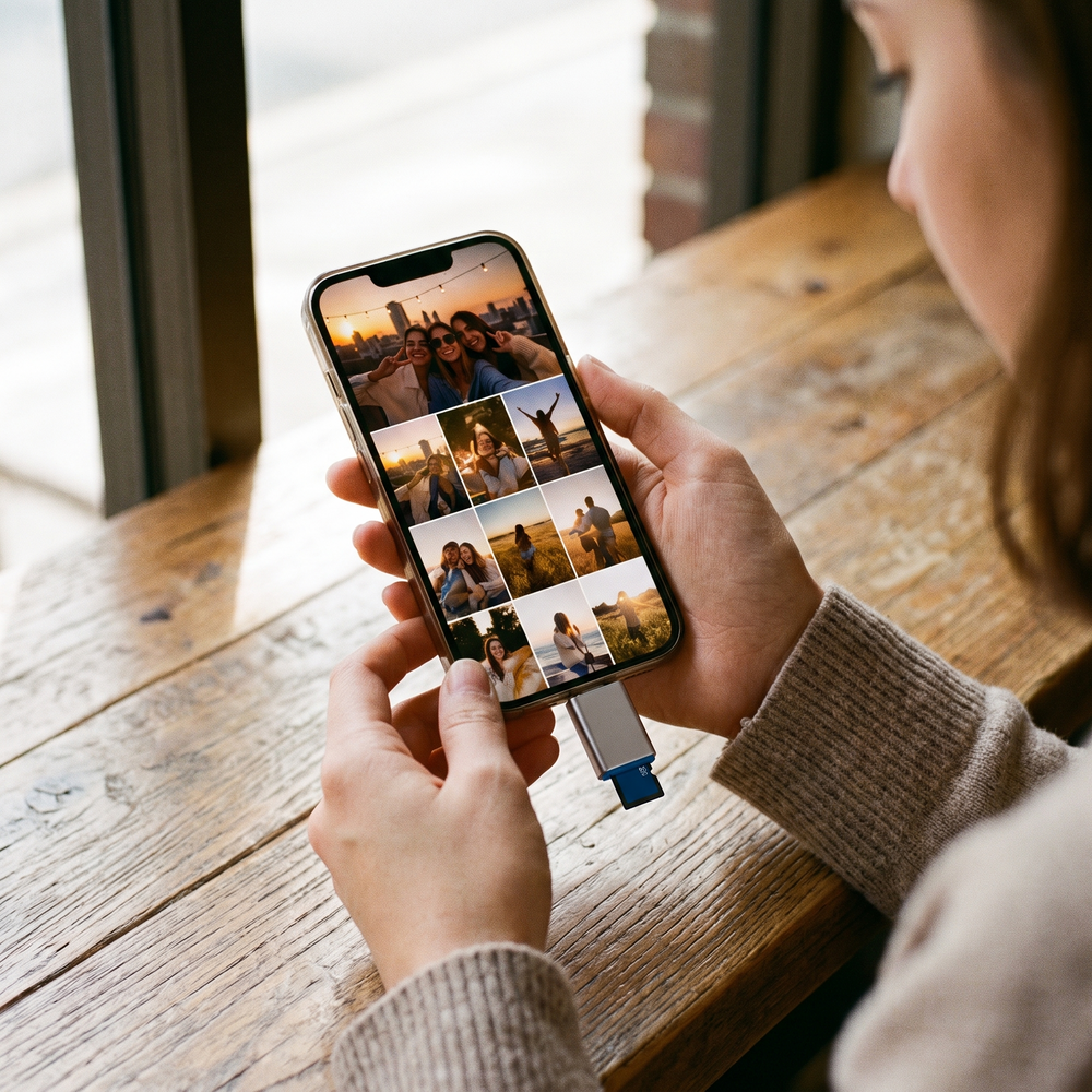 The USB-C memory card reader plugged into a phone at a cafe table, the screen showing a grid of photos from the camera