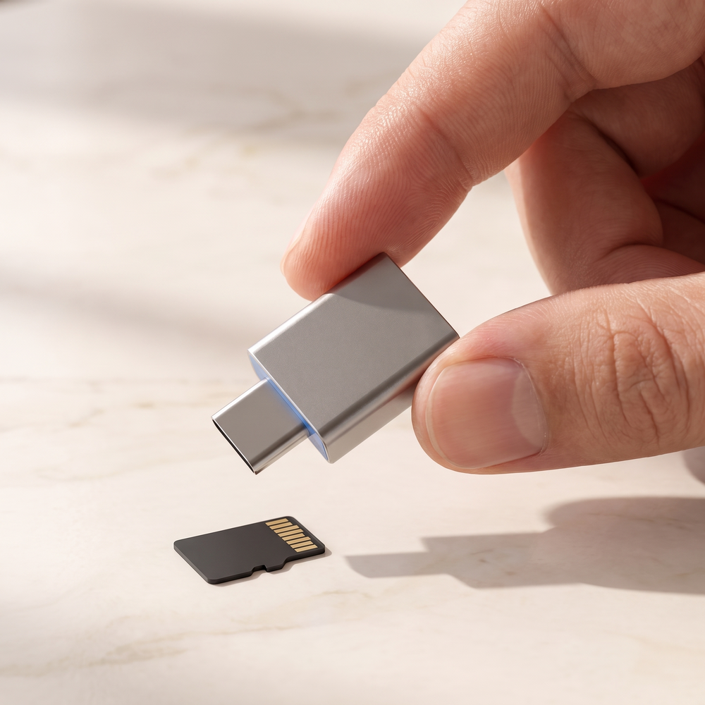The USB-C memory card reader held between two fingers beside a microSD card, showing how small it is