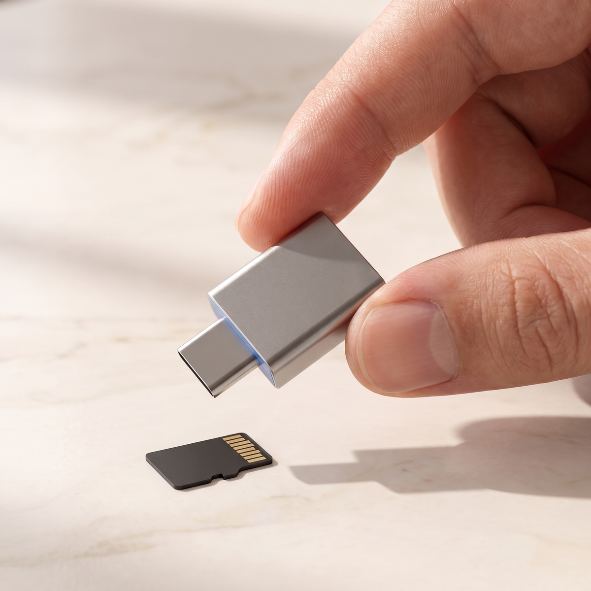 The USB-C memory card reader held between two fingers beside a microSD card, showing how small it is