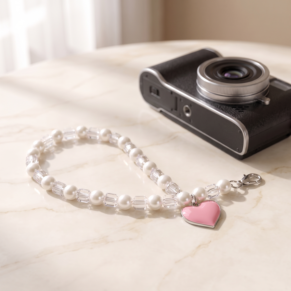 Pink Heart pearl bead wrist strap with a glossy pink enamel heart charm on cream marble