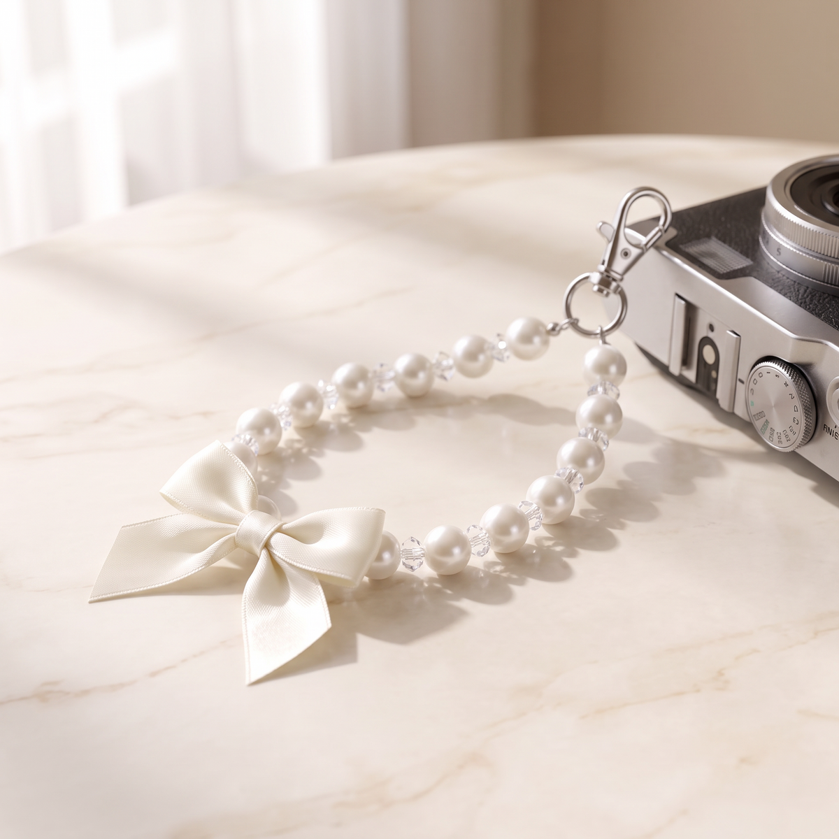 Pearl Bow all-white pearl bead wrist strap with a cream satin bow charm on cream marble