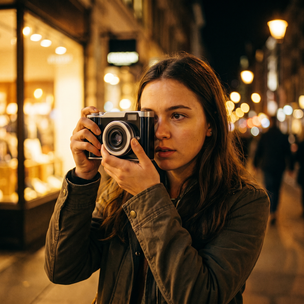 Black retro digital camera raised to the eye on a city street at night