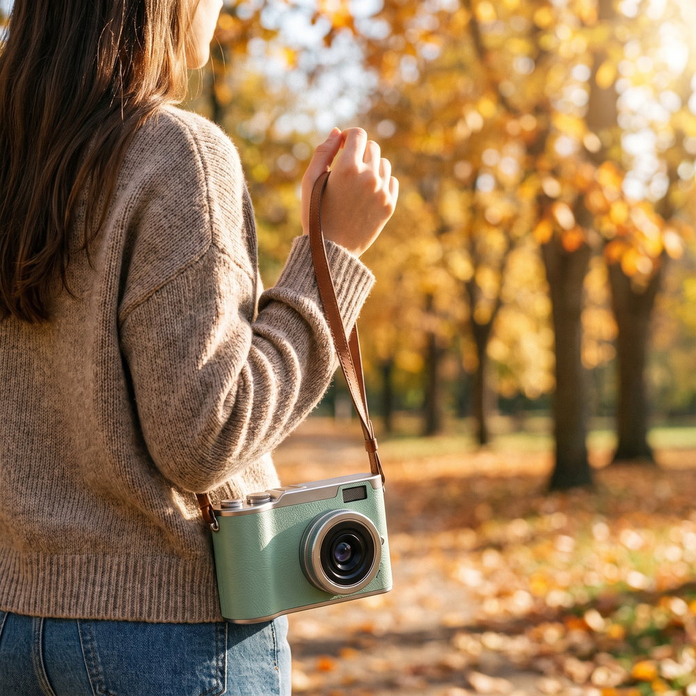 Green retro digital camera carried by its wrist strap through a sunlit autumn park