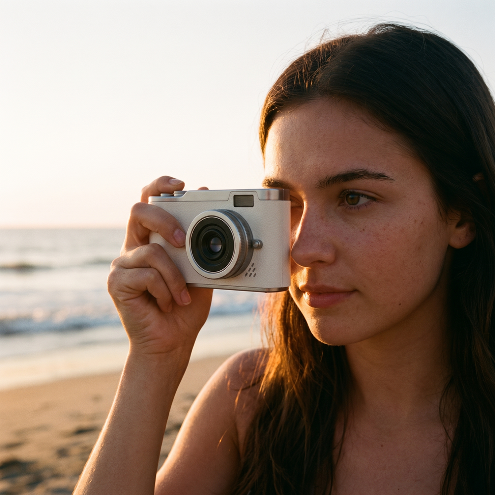 White retro digital camera raised to the eye to take a photo on a beach at sunset