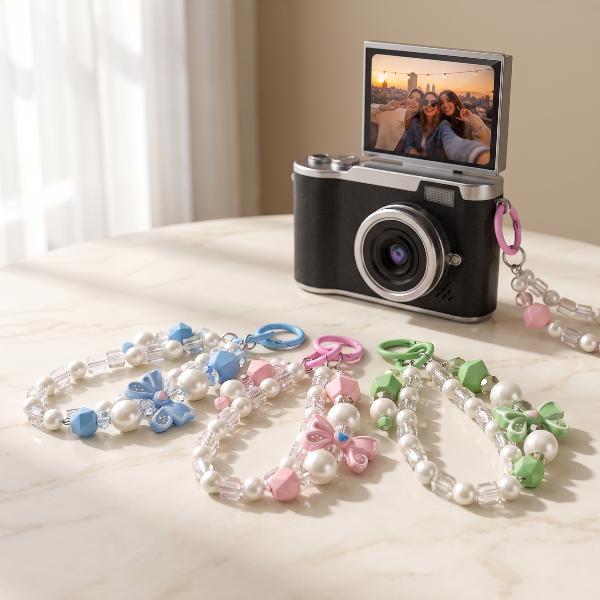 The full range of bead wrist straps laid out together on cream marble - you choose one