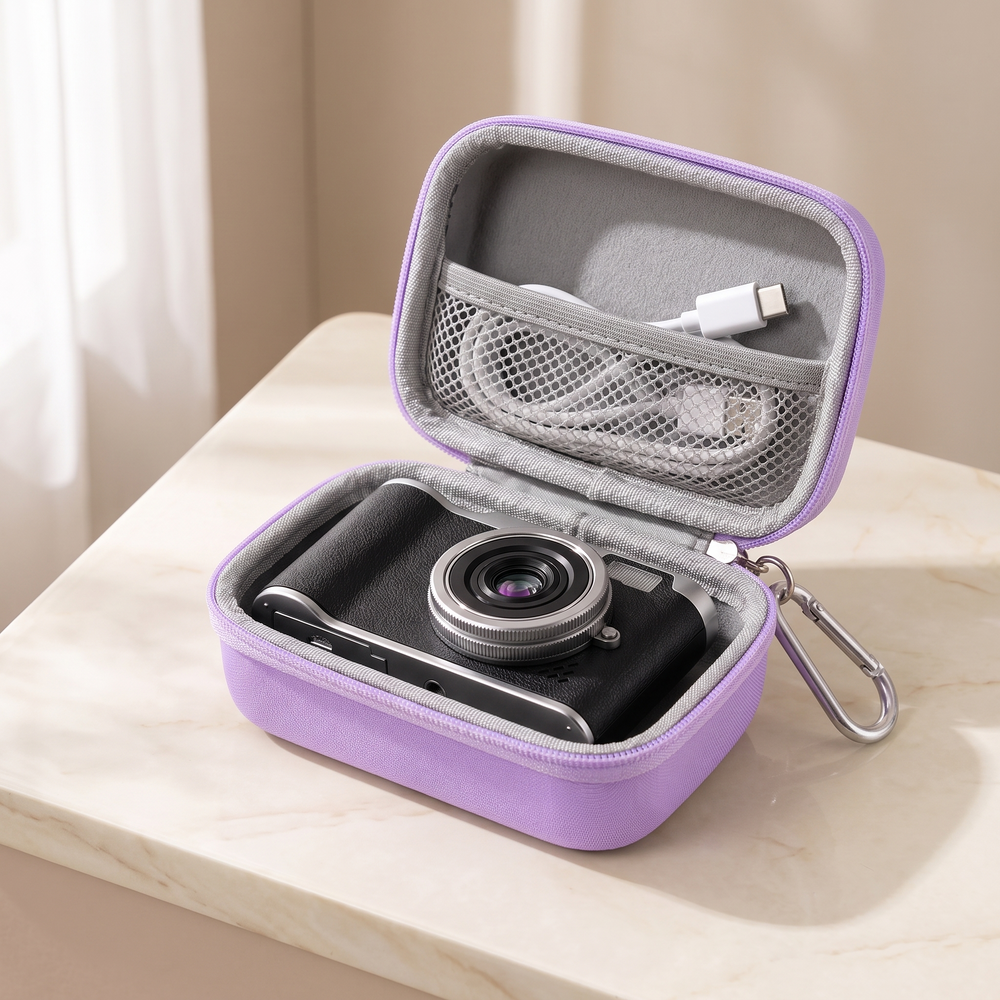 Purple hard shell camera case shown open beside a retro digital camera on cream marble