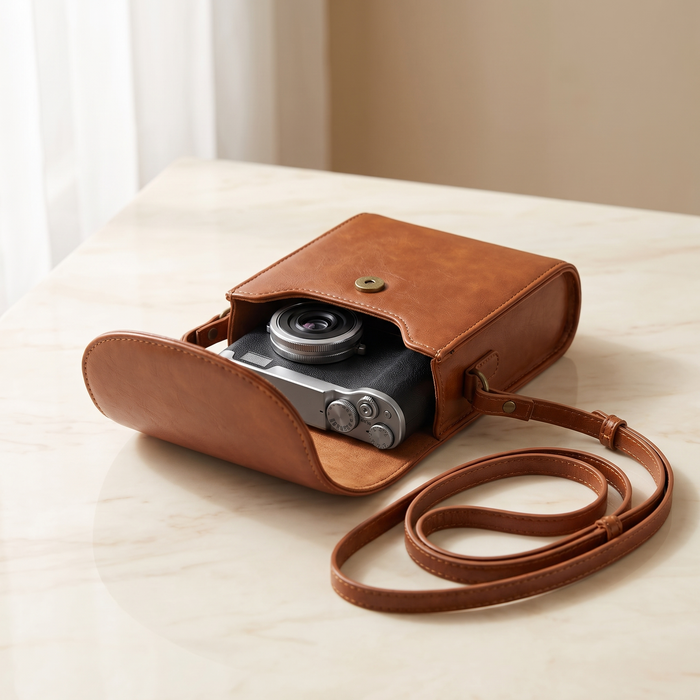 The soft leather camera pouch next to a retro digital camera on cream marble