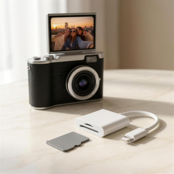 Lightning memory card reader with a memory card beside a retro digital camera, for moving photos to an iPhone