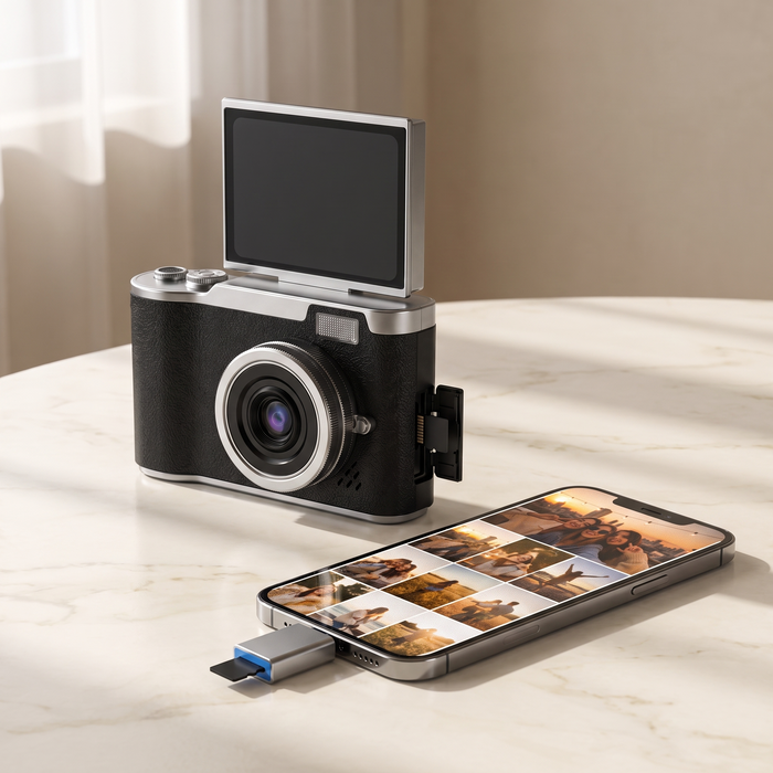 Silver USB-C memory card reader plugged into a phone beside a retro digital camera