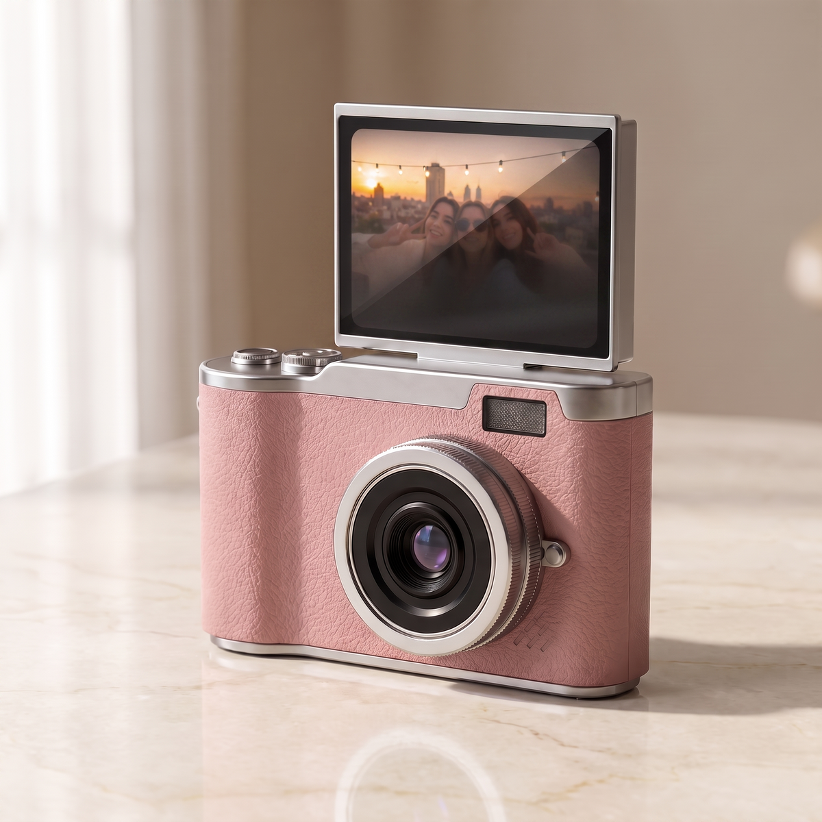 Pink retro digital camera with the screen flipped up into selfie position, showing a rooftop photo on the display