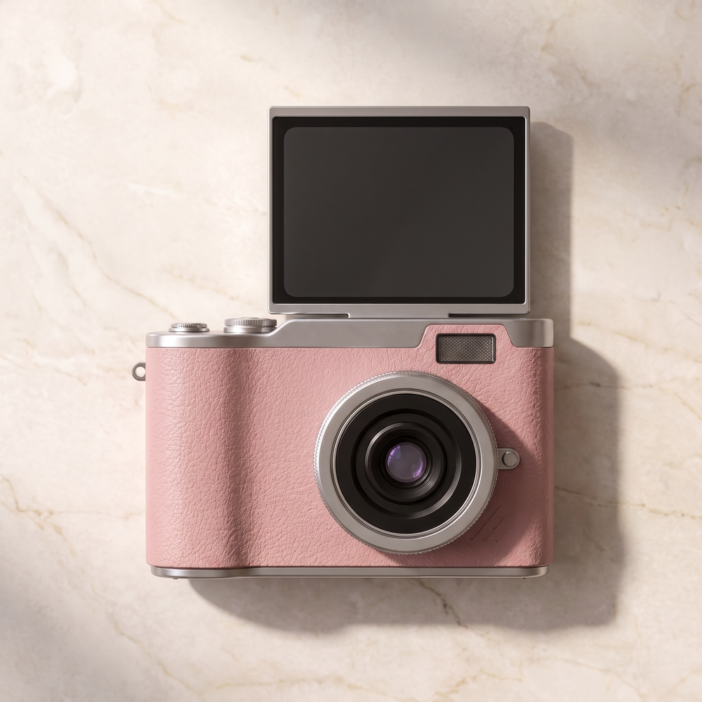 Pink retro digital camera in an overhead flat lay on cream marble with the screen raised