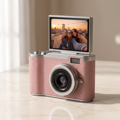 Pink retro digital camera with a flip-up screen and silver metal top plate, resting on cream marble