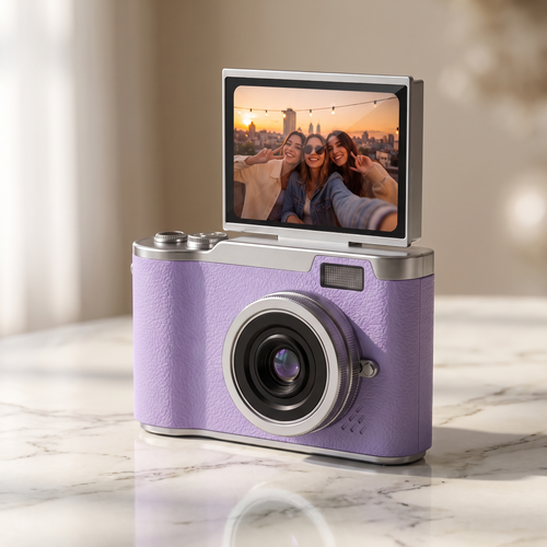 Purple retro digital camera with a flip-up screen, three-quarter front view on cream marble