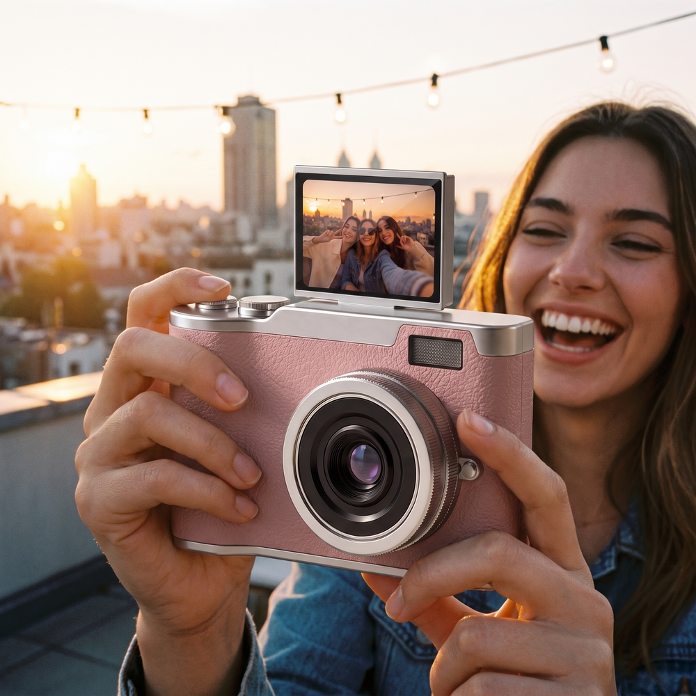 Pink retro digital camera raised to take a photo on a city rooftop at golden hour