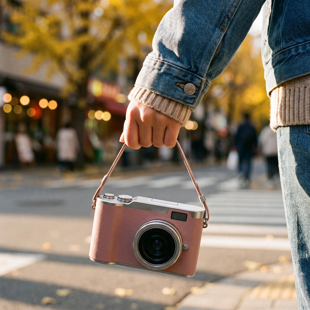 Pink retro digital camera carried by its wrist strap down an autumn city street
