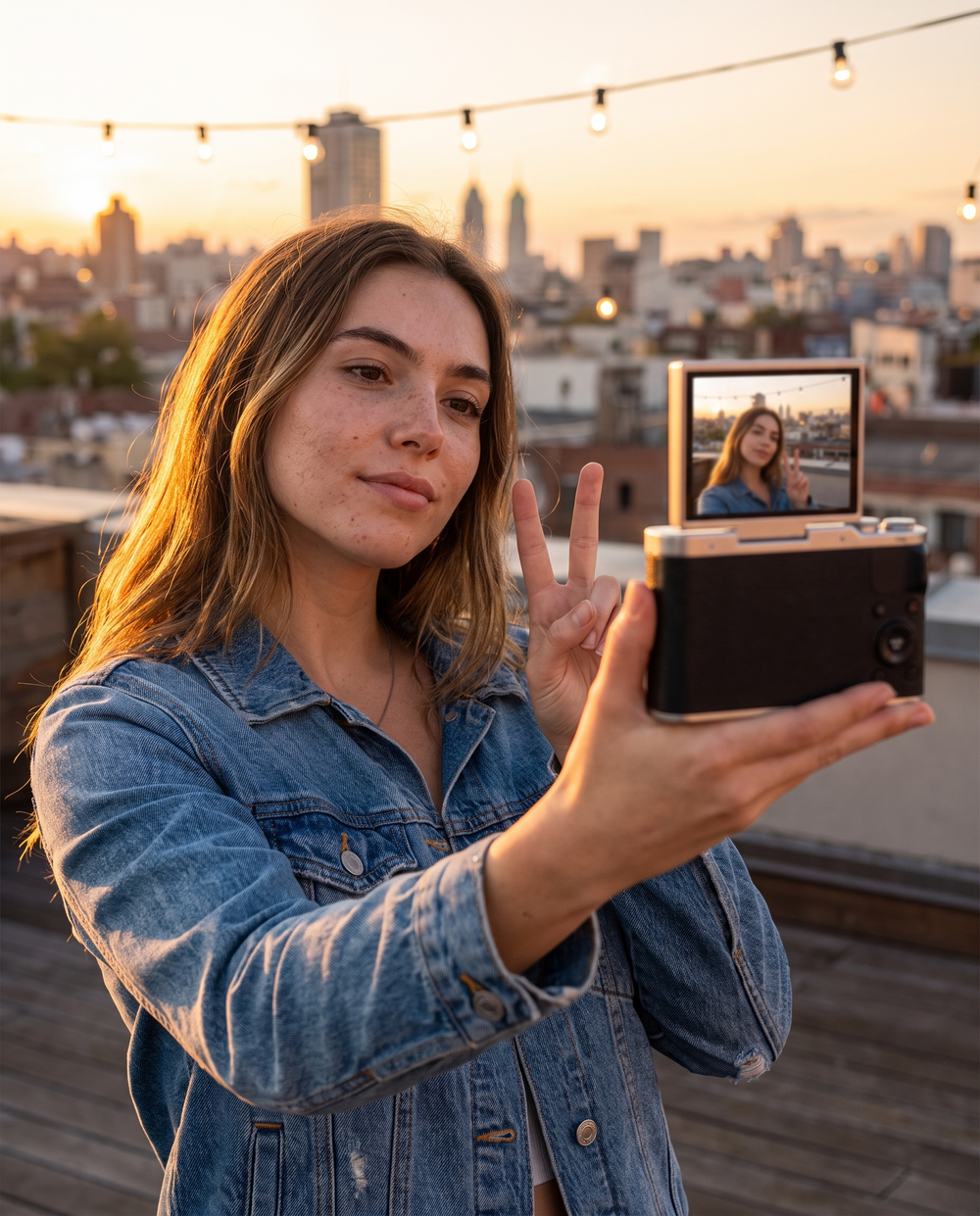 Pink retro digital camera held up to shoot on a rooftop at golden hour