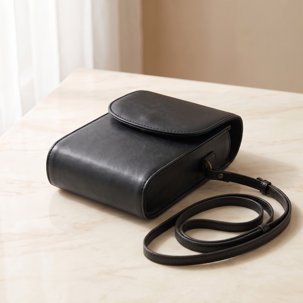 Black leather camera pouch with its shoulder strap coiled beside it on cream marble