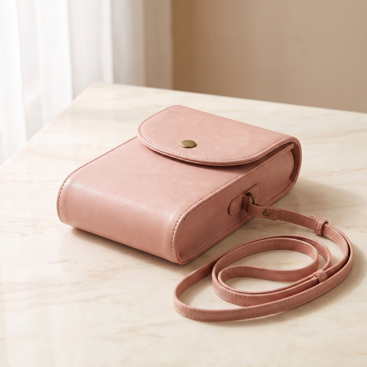 Blush Pink leather camera pouch with its shoulder strap coiled beside it on cream marble