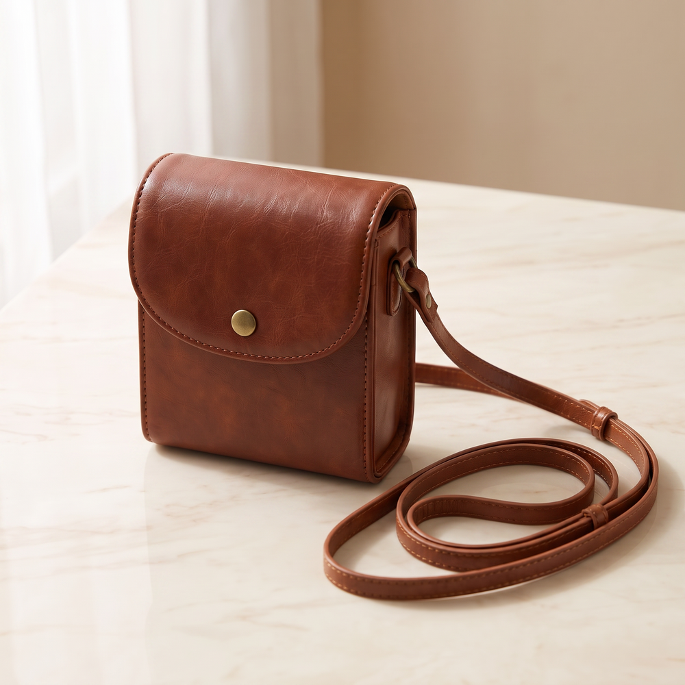 Cognac Brown leather camera pouch with its shoulder strap coiled beside it on cream marble