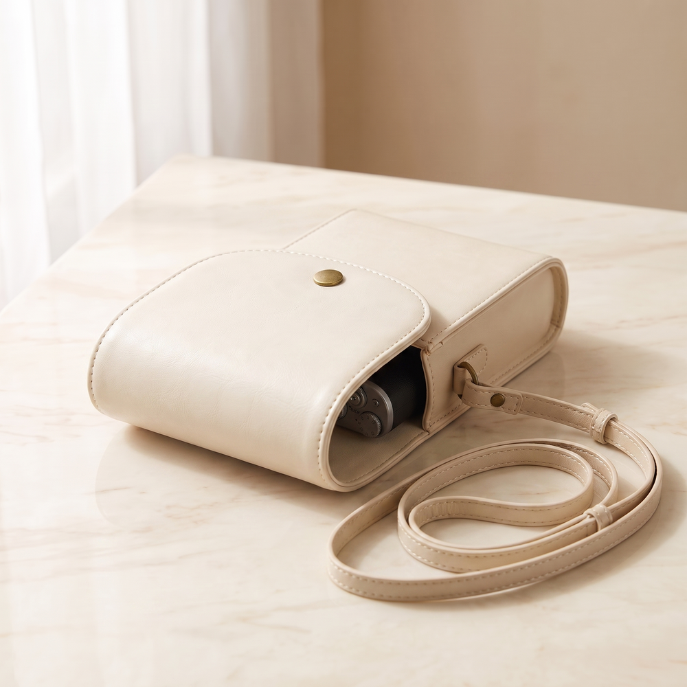 Cream leather camera pouch with its shoulder strap coiled beside it on cream marble
