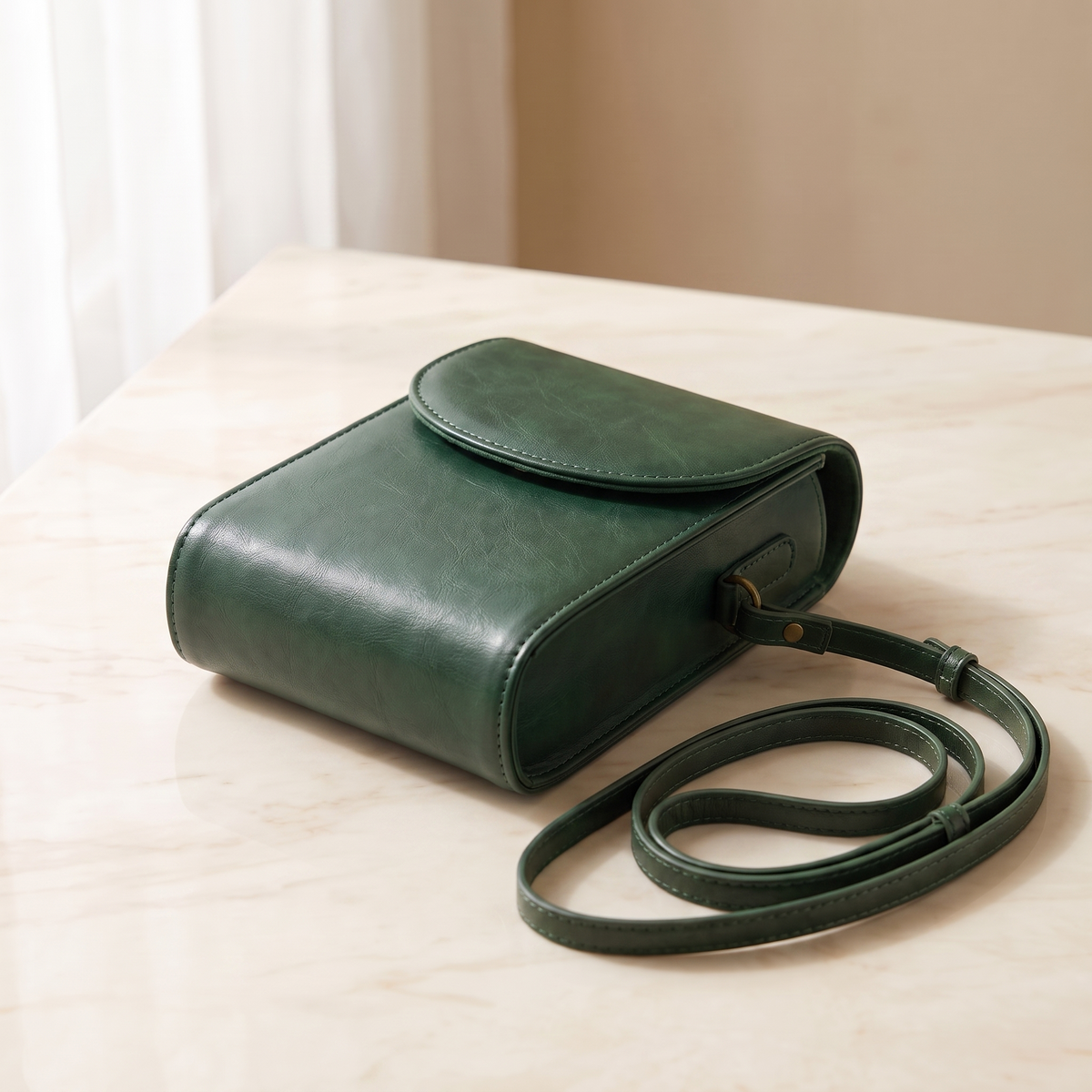 Forest Green leather camera pouch with its shoulder strap coiled beside it on cream marble