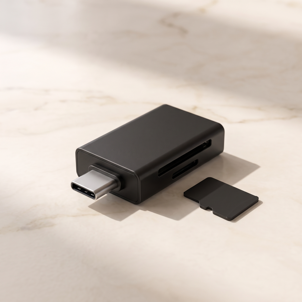 Black USB-C memory card reader beside a microSD card on cream marble