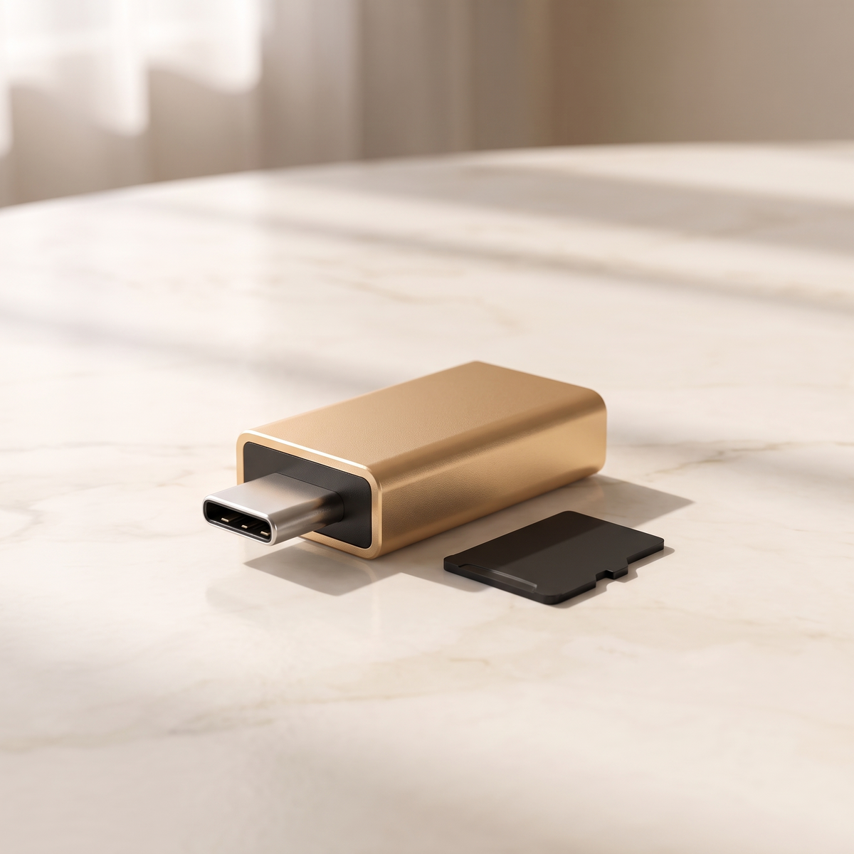 Gold USB-C memory card reader beside a microSD card on cream marble
